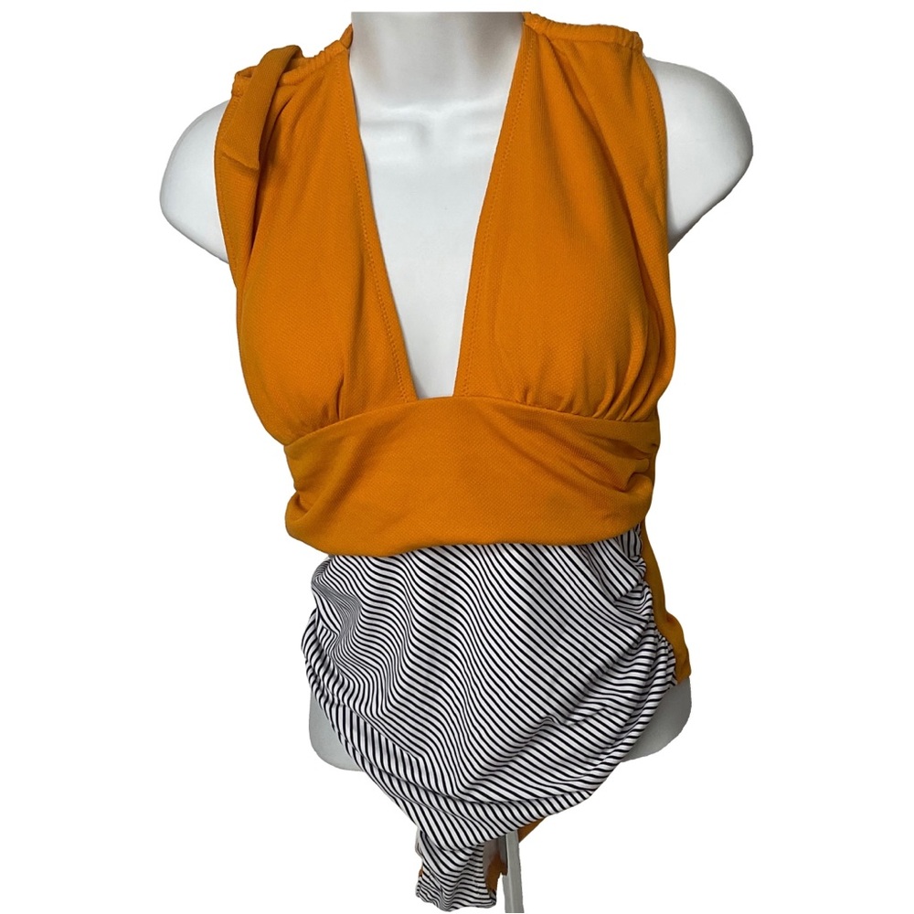 CUPSHE One-Piece Orange Low V-Cut Chest Tie Back Navy White Striped Bottoms Sz L